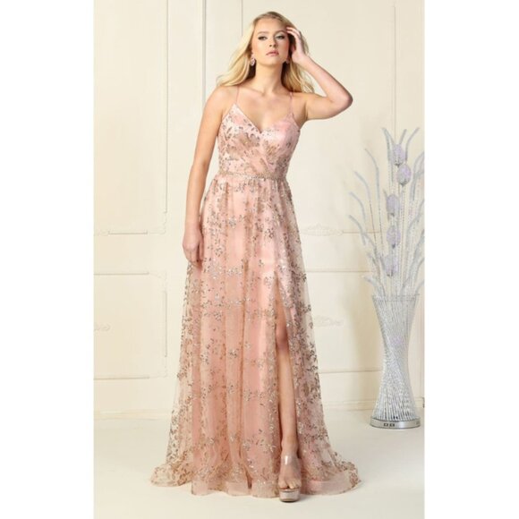 Rose Gold Formal Long V-Neck Sleeveless A-Line Dress By May Queen MQ1787